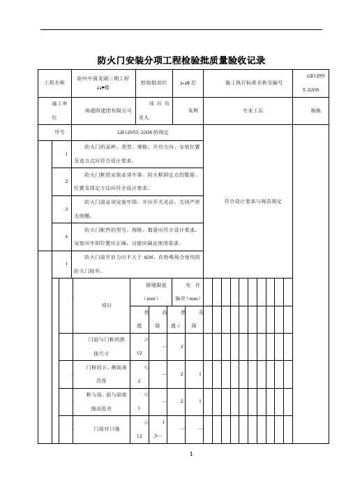防火门安装分项工程检验批质量验收记录