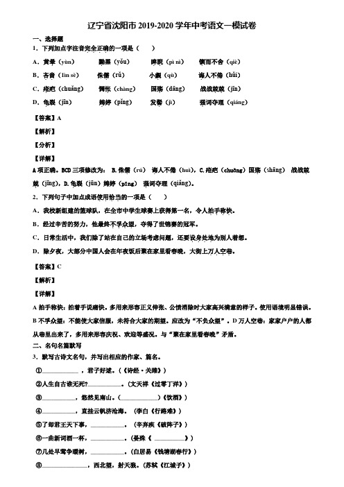 辽宁省沈阳市2019-2020学年中考语文一模试卷含解析