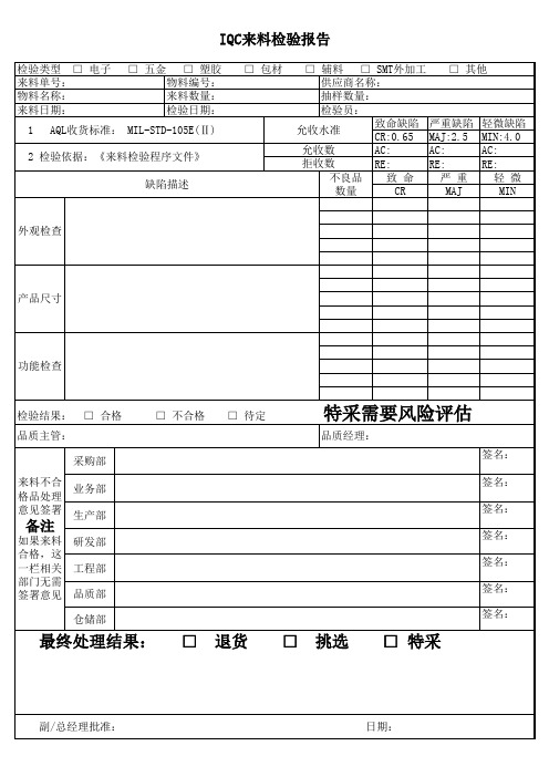 IQC来料检验表单
