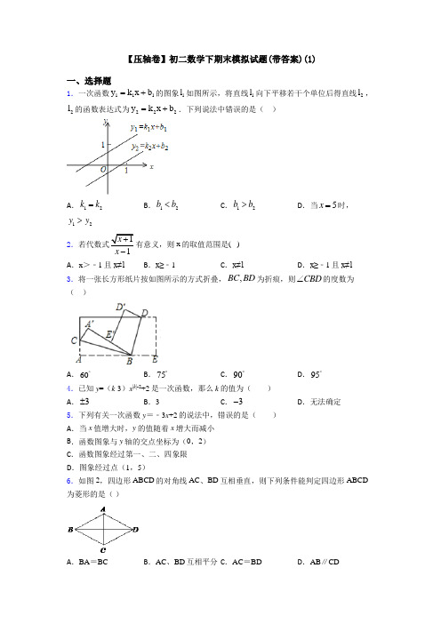 【压轴卷】初二数学下期末模拟试题(带答案)(1)