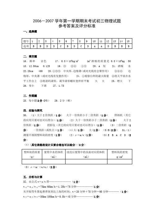 2006-2007学年第一学期期末初三物理试题参考答案
