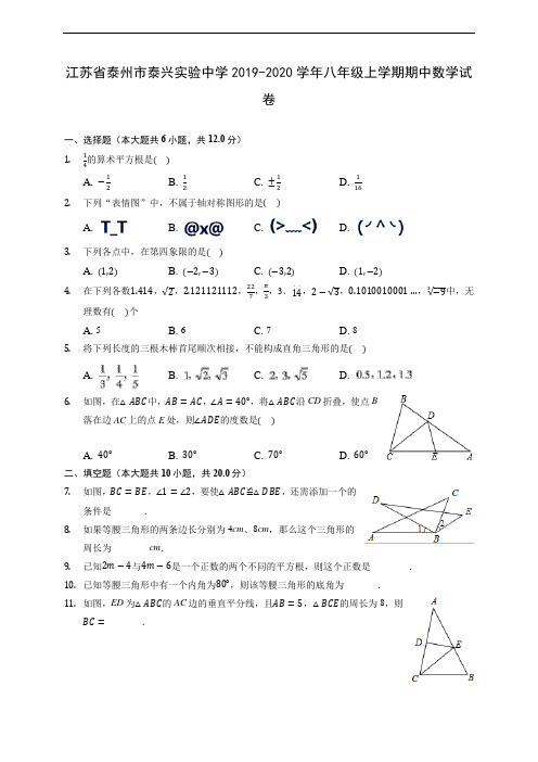 江苏省泰州市泰兴实验中学2019-2020学年八年级上学期期中数学试卷 (有解析)