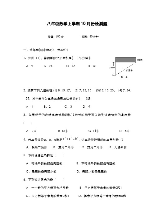 最新2019-2020年度北师大版八年级数学上册10月份月考试题及答案-精品试题