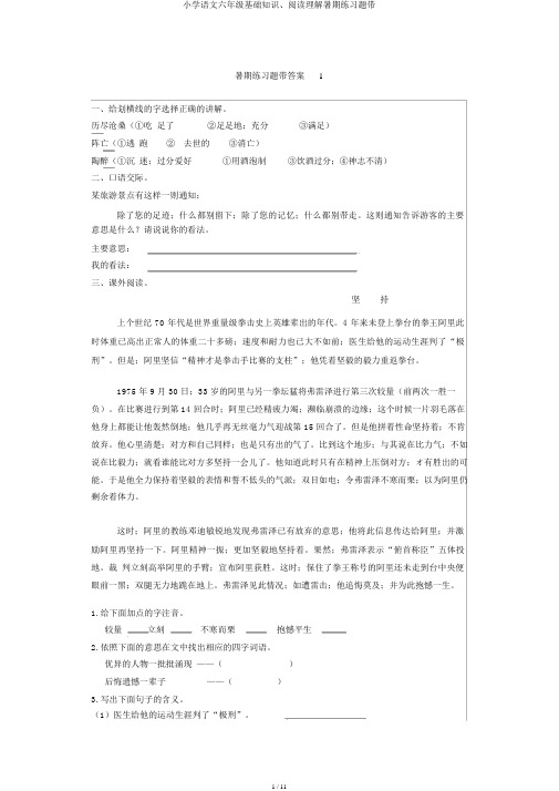 小学语文六年级基础知识、阅读理解暑假练习题带