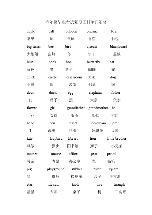 六年级毕业考试复习资料单词汇总