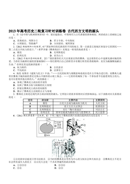 2019年高考历史2轮复习世界历史训练：古代西方文明的源头