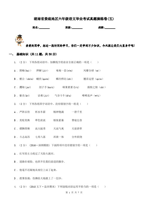 湖南省娄底地区六年级语文毕业考试真题演练卷(五)