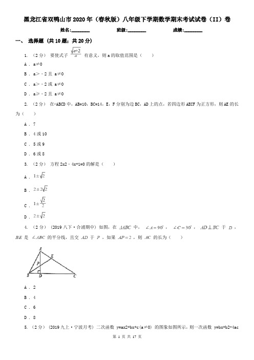 黑龙江省双鸭山市2020年(春秋版)八年级下学期数学期末考试试卷(II)卷