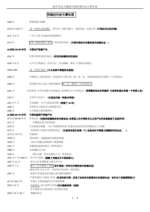 高中历史人教版中国近现代史大事年表