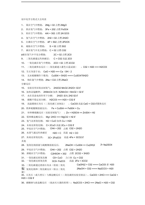初中化学方程式大全列表