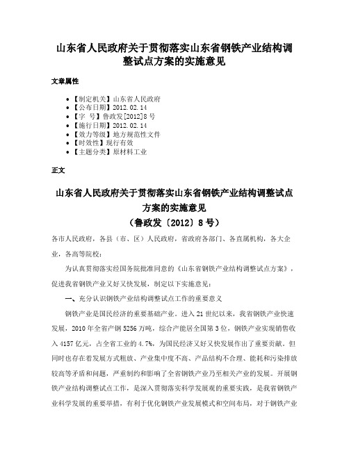 山东省人民政府关于贯彻落实山东省钢铁产业结构调整试点方案的实施意见