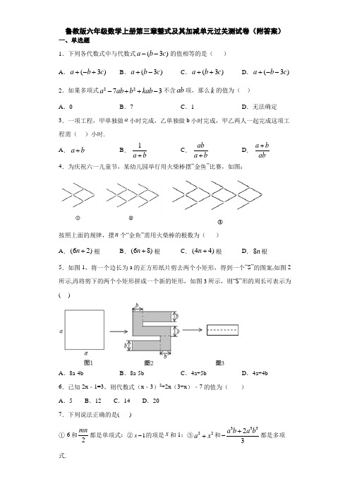 鲁教版六年级数学上册第三章整式及其加减单元过关测试卷(附答案)