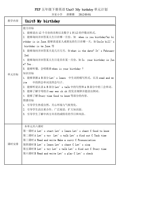 PEP五年级下册英语Unit3Mybirthday单元计划