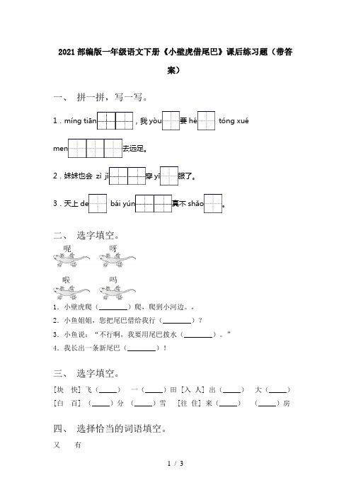 2021部编版一年级语文下册《小壁虎借尾巴》课后练习题(带答案)