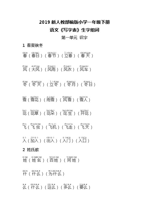 人教版一年级下册语文《写字表》组词带拼音