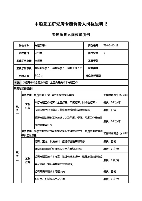中船重工研究所专题负责人岗位说明书