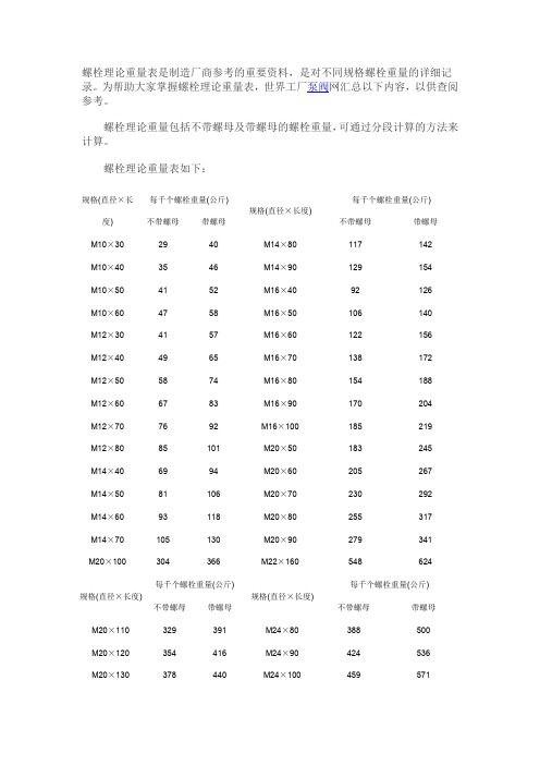 螺栓理论重量表