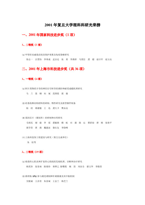 2001年复旦大学理科科研光荣榜