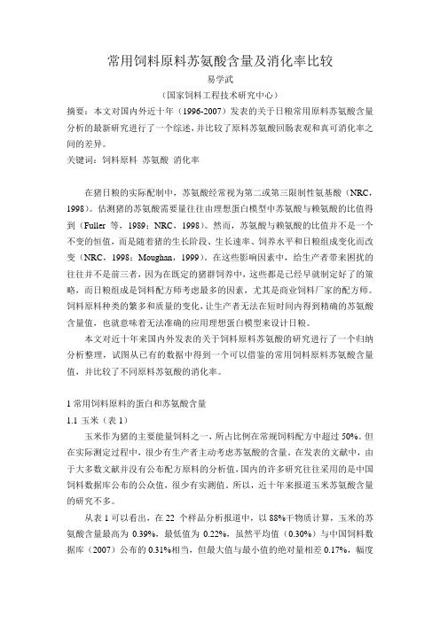 常用饲料原料苏氨酸含量及消化率比较