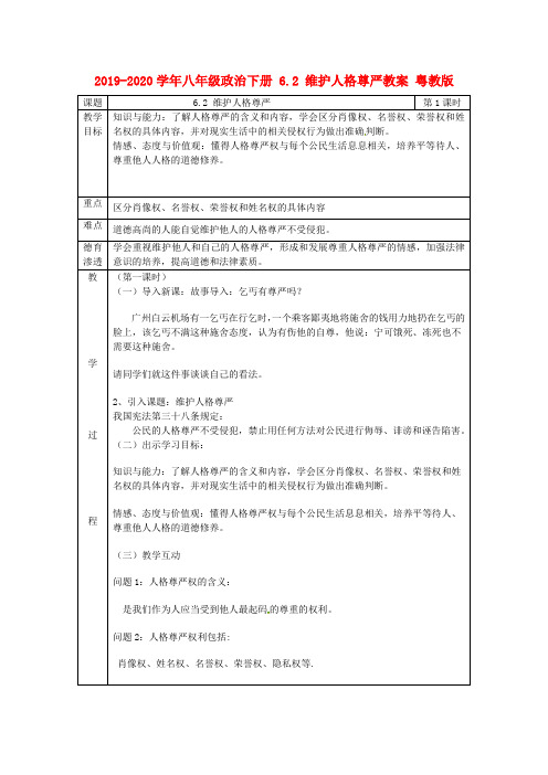 2019-2020学年八年级政治下册 6.2 维护人格尊严教案 粤教版.doc