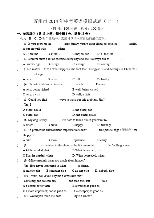 苏州市中考英语模拟试题(十一)含答案