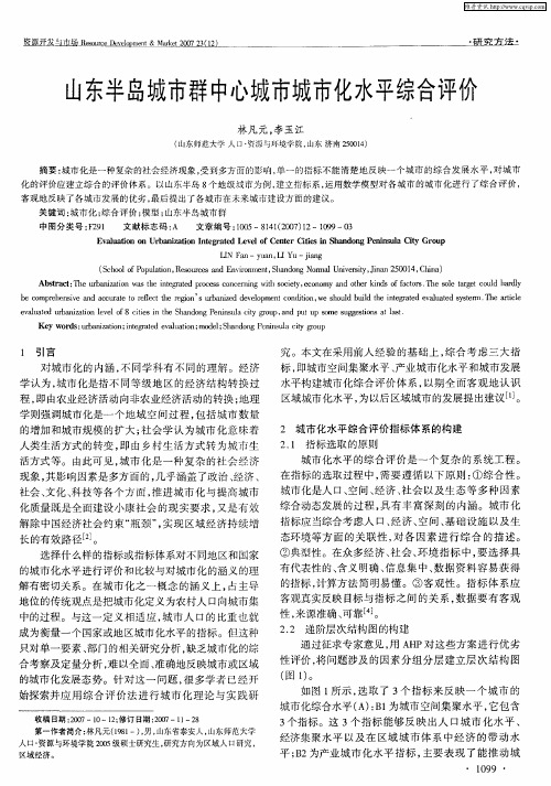 山东半岛城市群中心城市城市化水平综合评价
