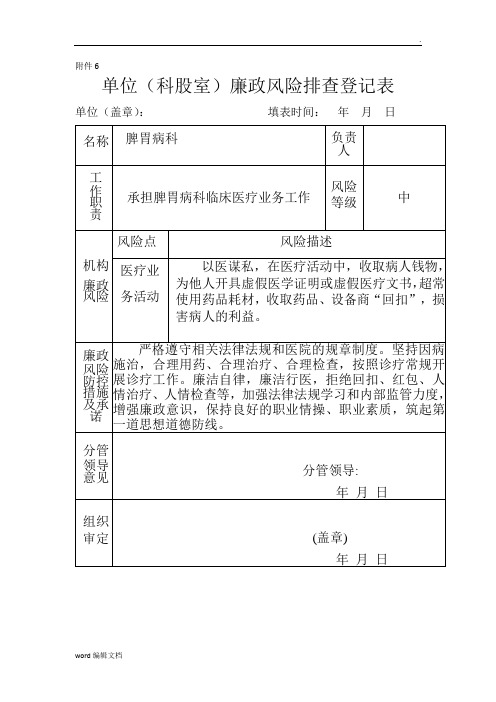医院科室廉政风险排查登记表