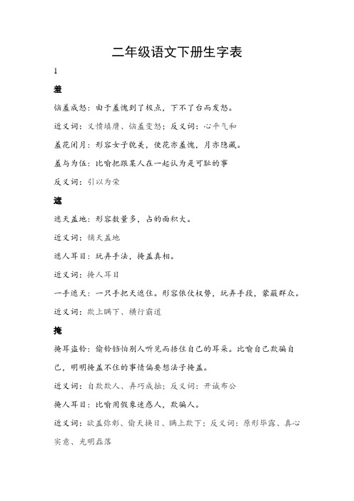 小学语文 二年级 下半学期 1--语文园地一 生字组成语