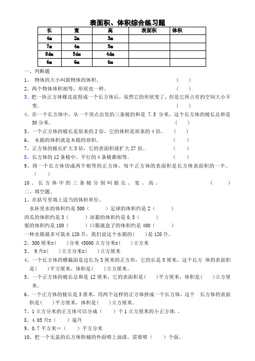 五年级下体积-表面积综合练习题