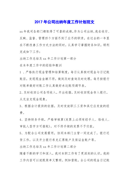 2017年公司出纳年度工作计划范文