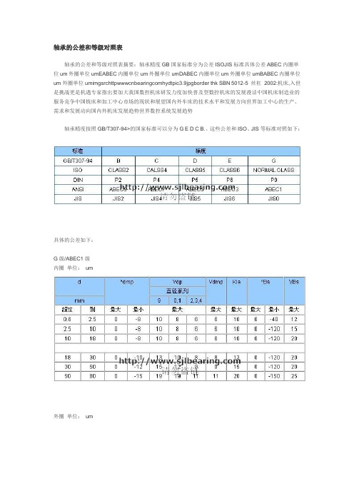 轴承的公差和等级对照表