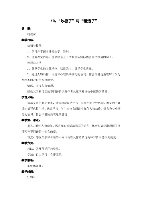 西师大版小学语文六年级上册第10课《“妙极了”与“糟透了”》教案 教学设计
