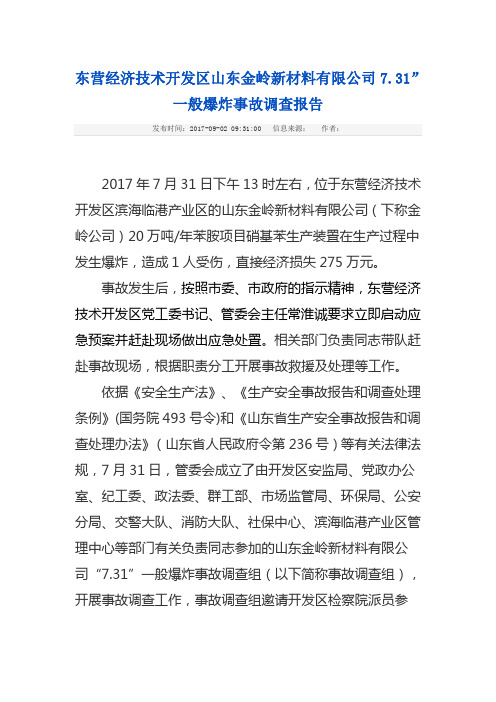 东营经济技术开发区山东金岭新材料有限公司7.31”一般爆炸事故调查报告