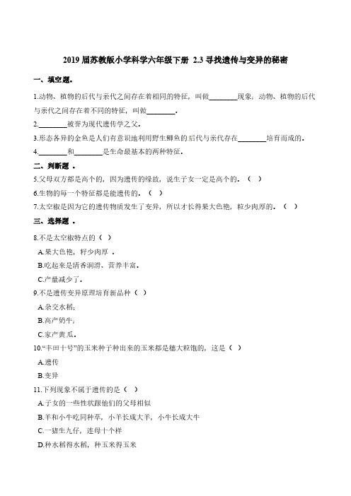 苏教版 六年级下册科学一课一练- 2.3寻找遗传与变异的秘密 (含解析)