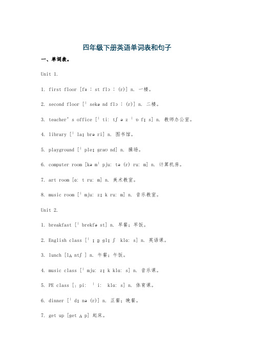 四年级下册英语单词表和句子