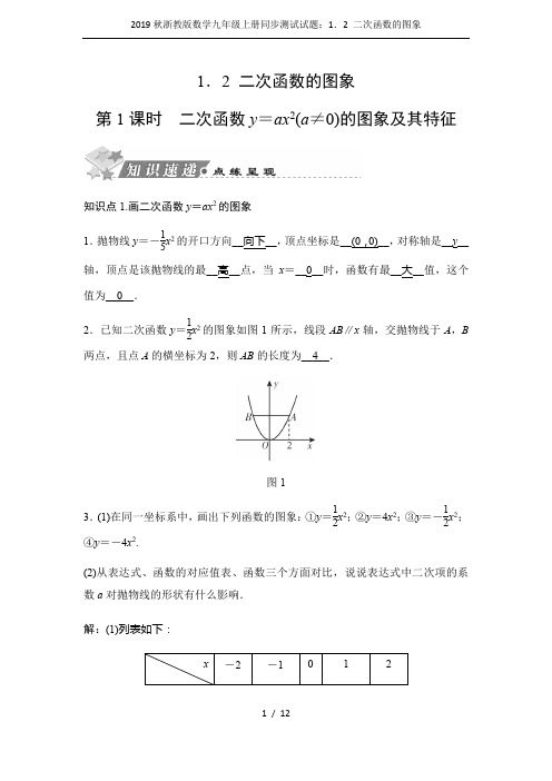 2019秋浙教版数学九年级上册同步测试试题：1.2 二次函数的图象