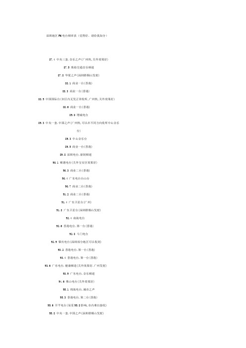 深圳地区FM电台频率表