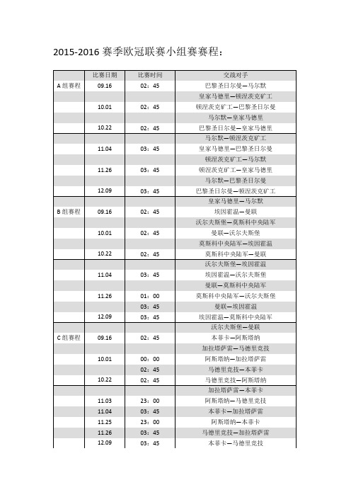 2015-2016赛季欧冠联赛小组赛赛程