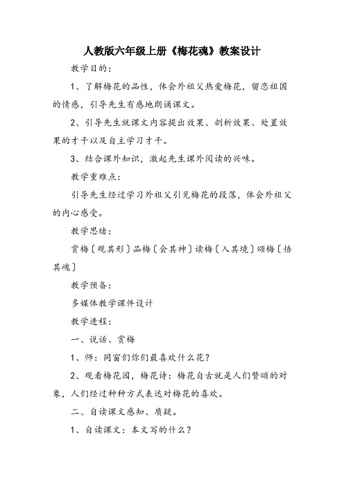 人教版六年级上册《梅花魂》教案设计
