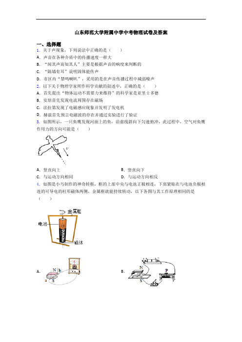 山东师范大学附属中学中考物理试卷及答案