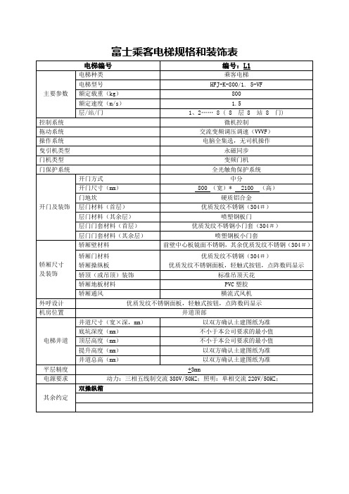 富士变频客梯装饰、配置、功能表