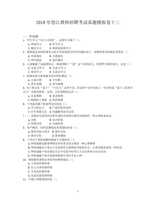 2019年怒江教师招聘考试真题模拟卷十三
