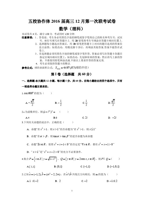 五校协作体2016届高三12月第一次联考(理数)