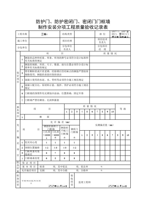 防护门、防护密闭门、密闭门门框墙制作安装分项工程质量验收记录表(最新)