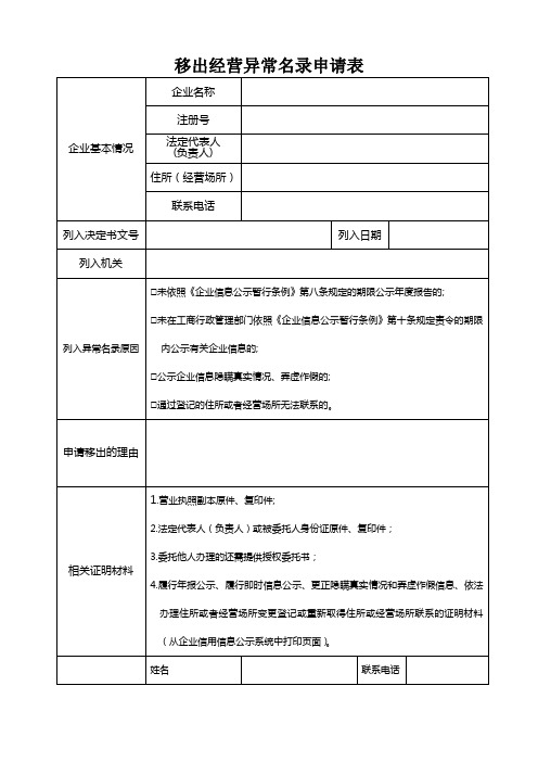移出经营异常名录申请表