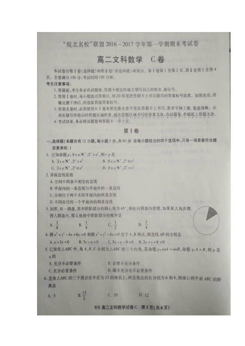 安徽省皖北联盟2016-2017学年高二上学期期末联考数学(文)试题扫描版含答案