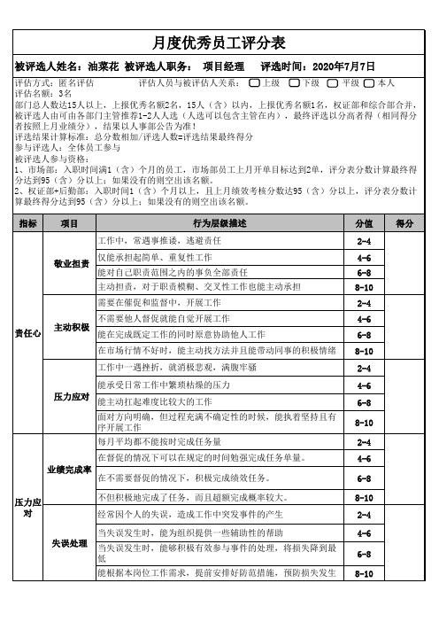 优秀员工评分表