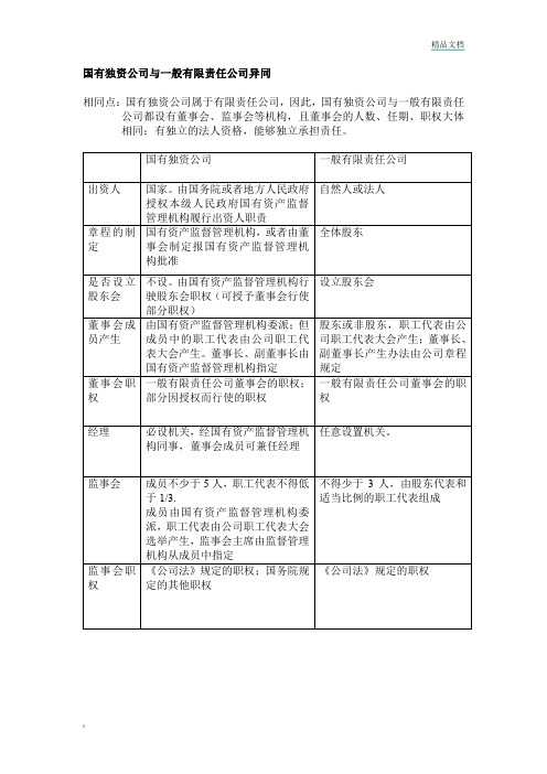 国有独资公司与一般有限责任公司异同