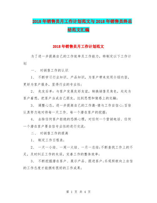 2018年销售员月工作计划范文与2018年销售员终总结范文汇编.doc