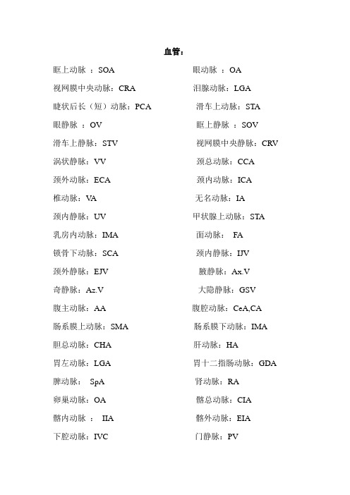 超声术语简写